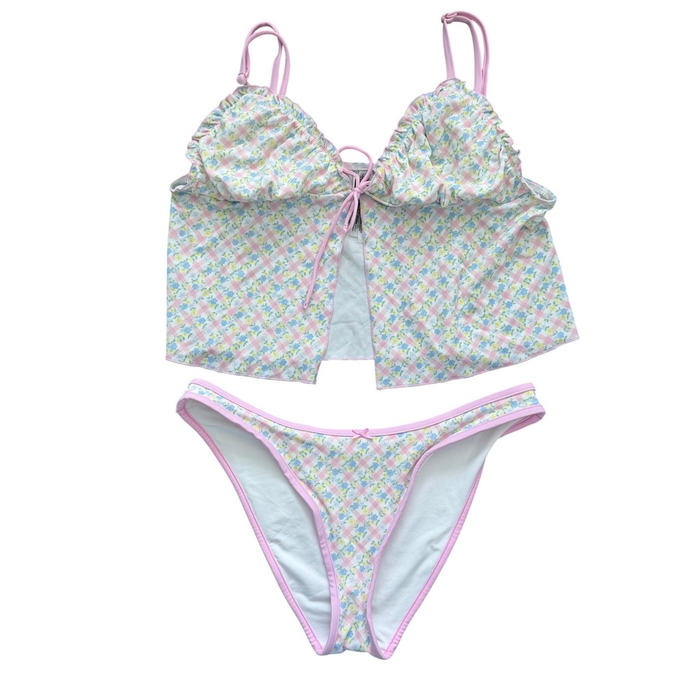 VS PINK x Frankies Bikinis Floral Gingham Swimsuit Set Pink Blue Large NWT